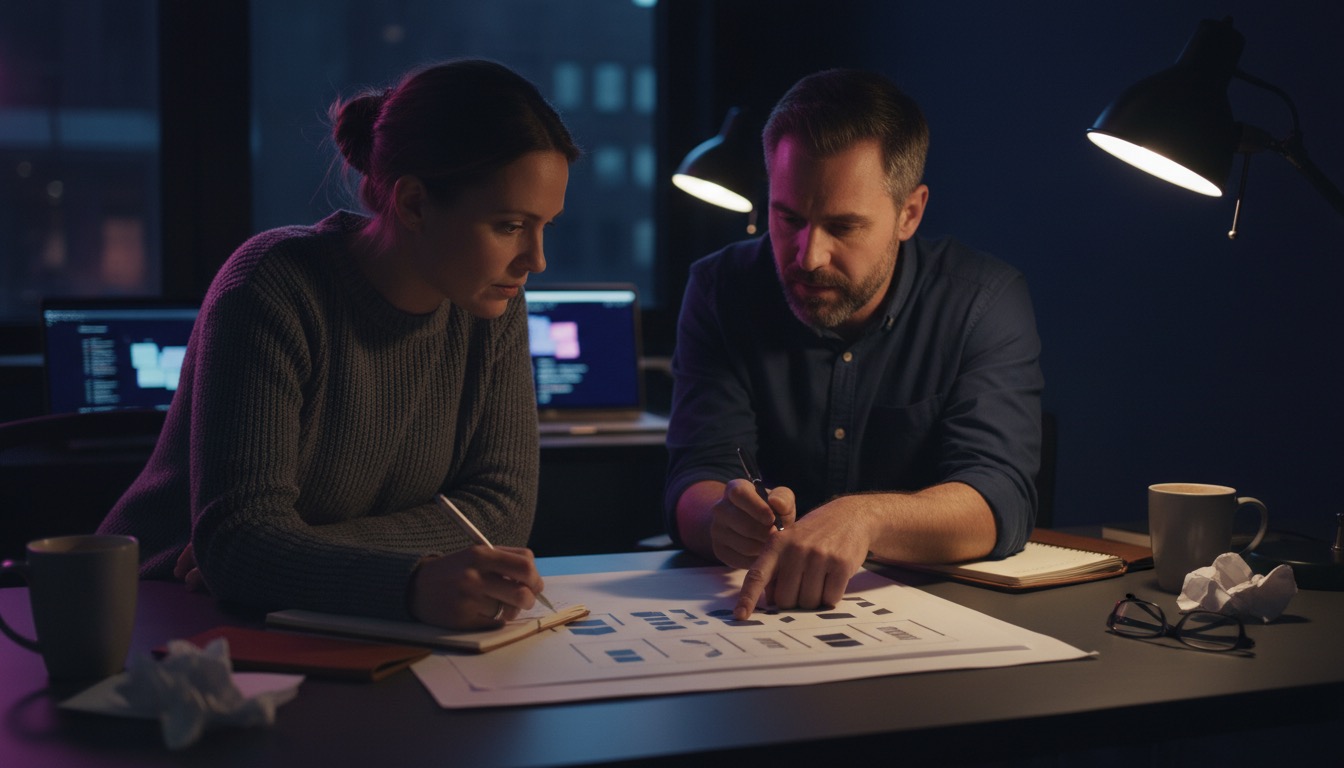 Table de travail avec ordinateurs et documents de cadrage
