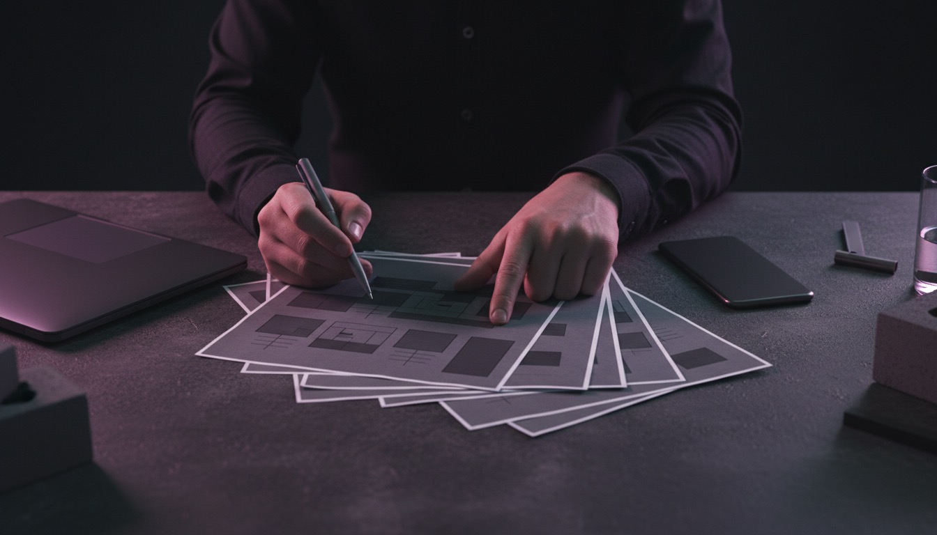 Mains en train de comparer plusieurs propositions et schemas sur un bureau sombre