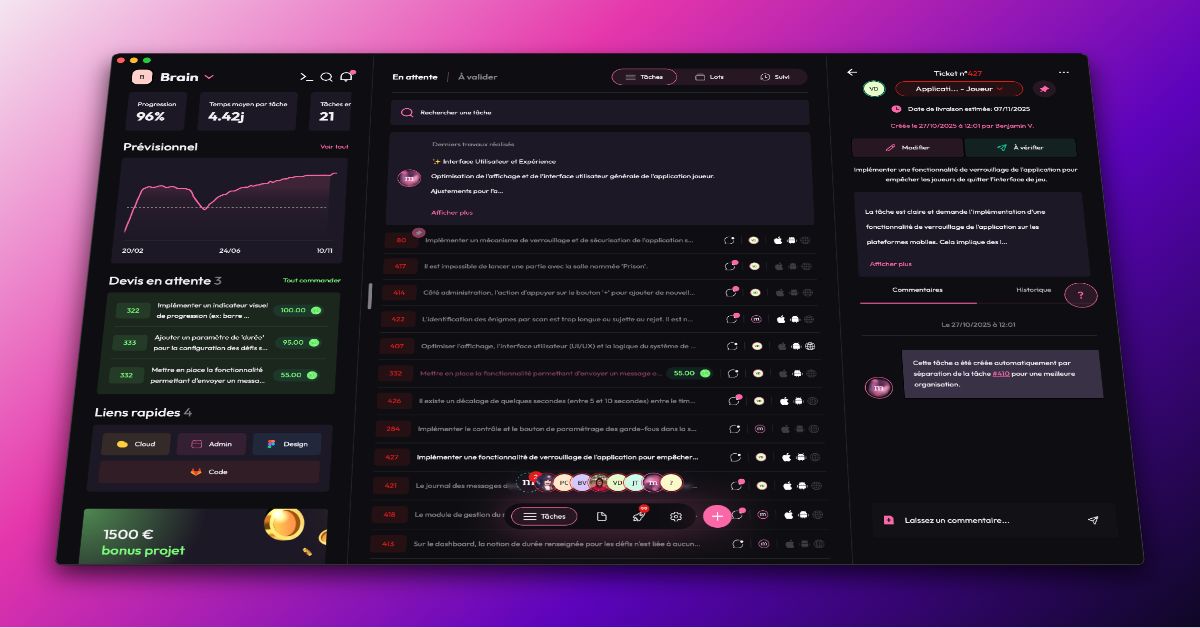 Vue de minuit.app avec taches, commentaires, devis et previsionnel visibles au meme endroit