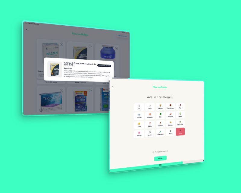 Parcours produit structure sur plusieurs ecrans, pense pour une premiere version utile et lisible