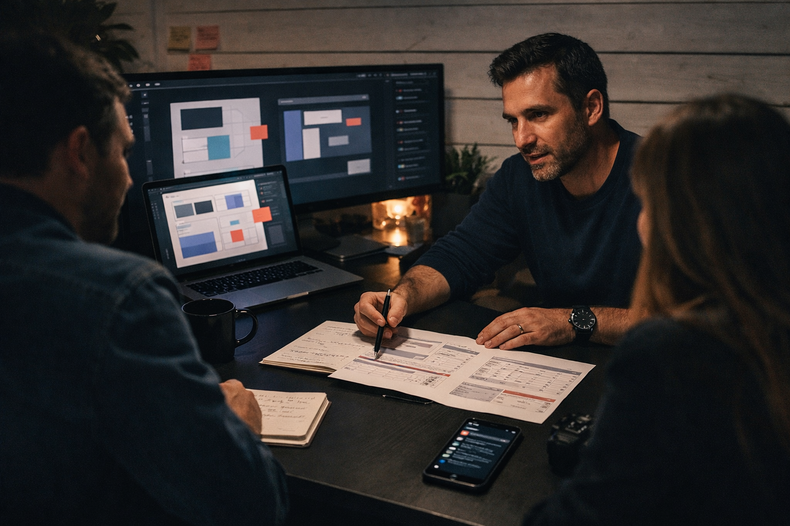 Chef de projet et cadrage produit avec planning, maquettes et suivi dans un environnement premium