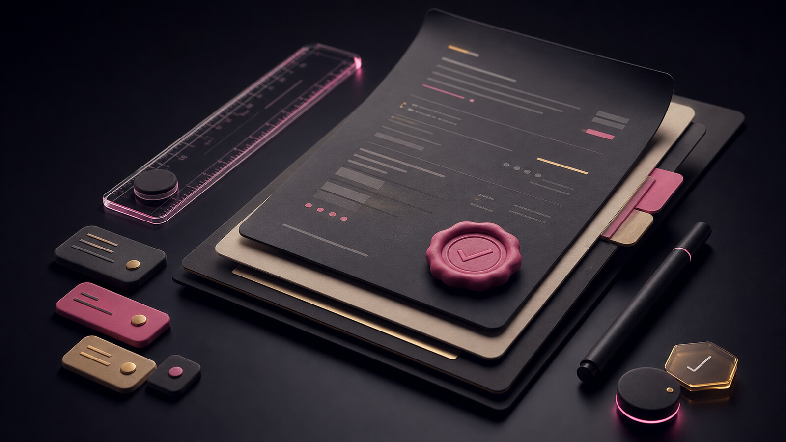 Documents de devis superposés avec sceau de validation dans le style minuit.agency